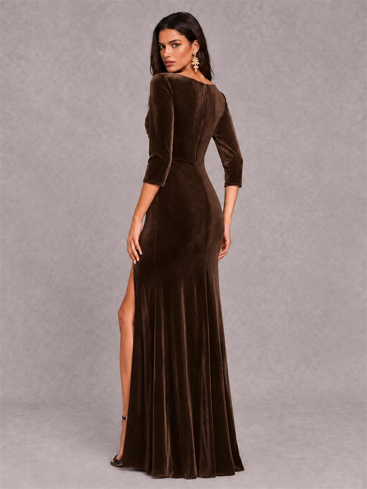 Mermaid V-Neck Three-Quarter Sleeves Velvet Evening Dress with Split Side
