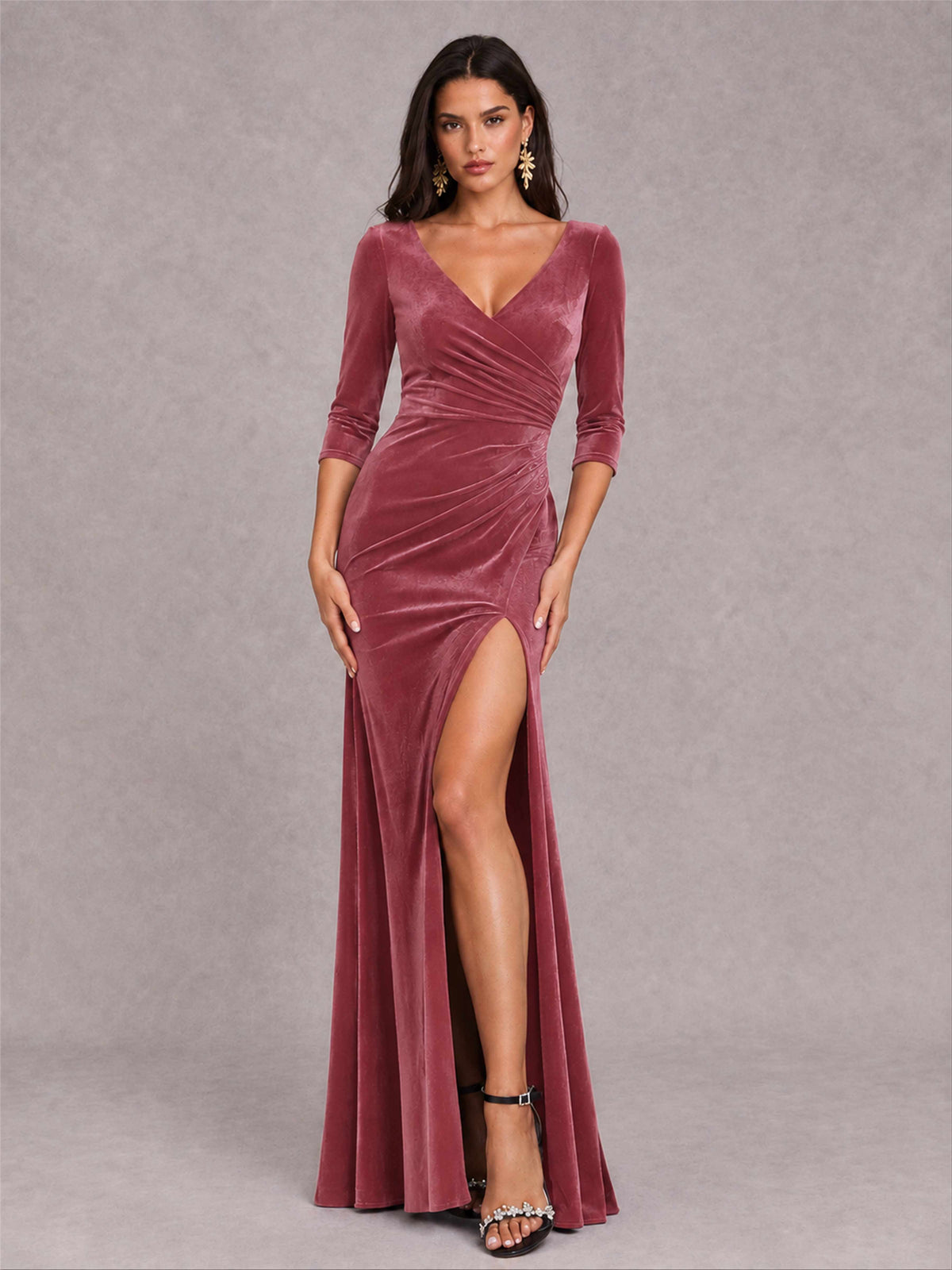 Mermaid V-Neck Three-Quarter Sleeves Velvet Evening Dress with Split Side