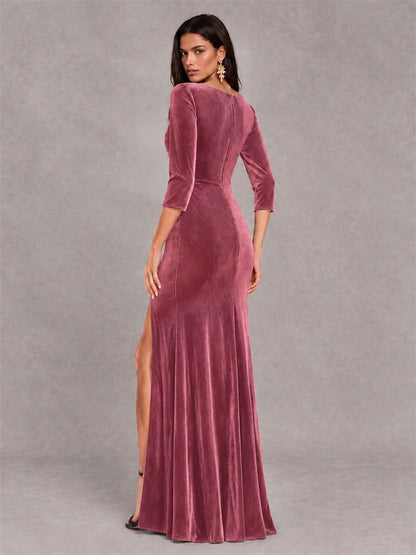 Mermaid V-Neck Three-Quarter Sleeves Velvet Evening Dress with Split Side