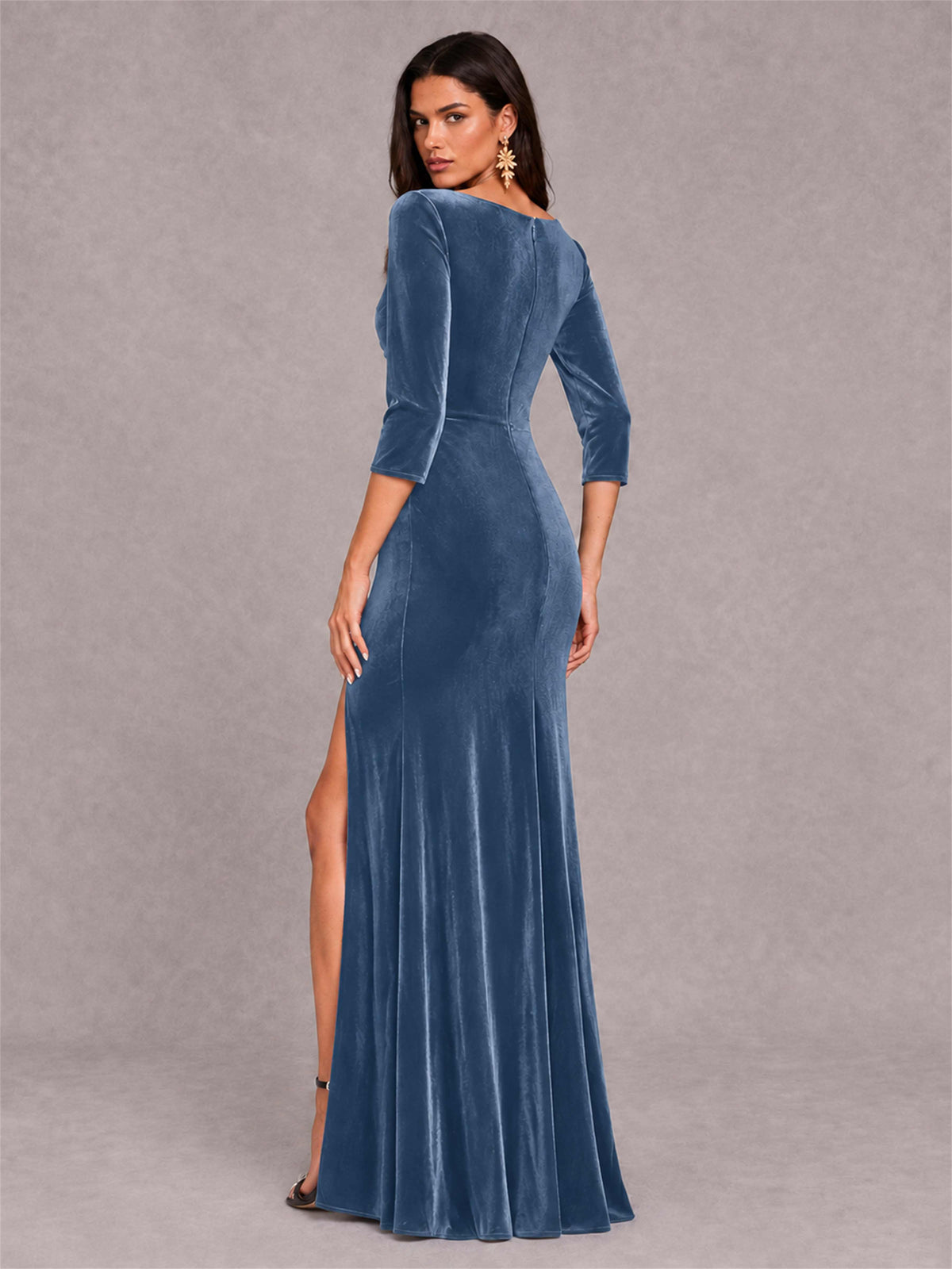 Mermaid V-Neck Three-Quarter Sleeves Velvet Evening Dress with Split Side
