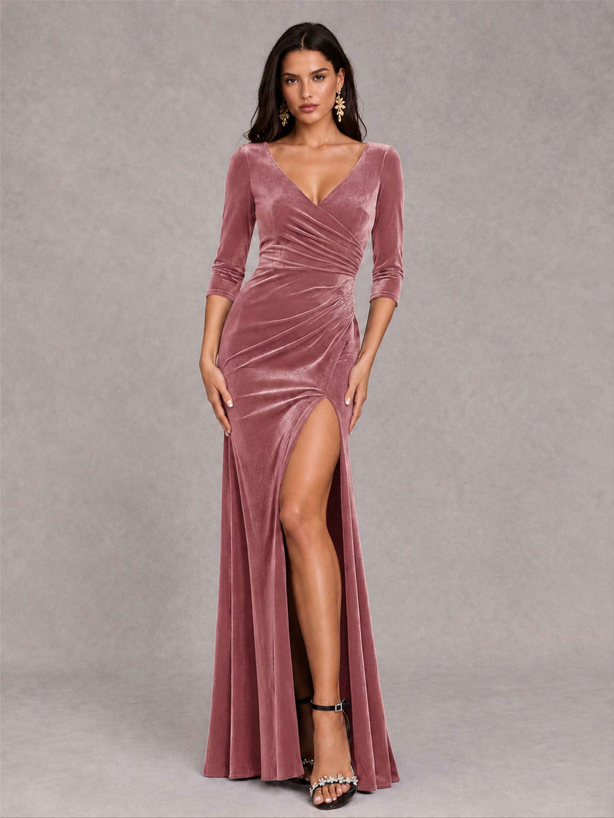Mermaid V-Neck Three-Quarter Sleeves Velvet Evening Dress with Split Side