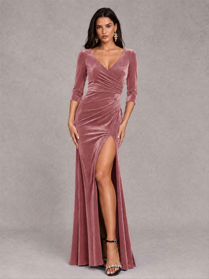 Mermaid V-Neck Three-Quarter Sleeves Velvet Evening Dress with Split Side