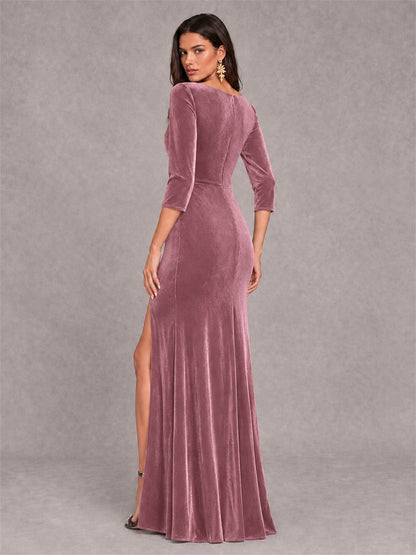 Mermaid V-Neck Three-Quarter Sleeves Velvet Evening Dress with Split Side