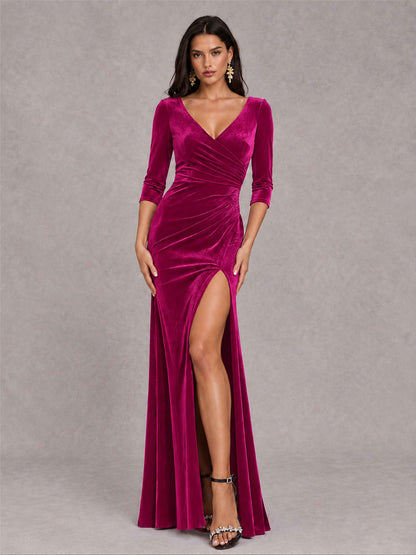 Mermaid V-Neck Three-Quarter Sleeves Velvet Evening Dress with Split Side