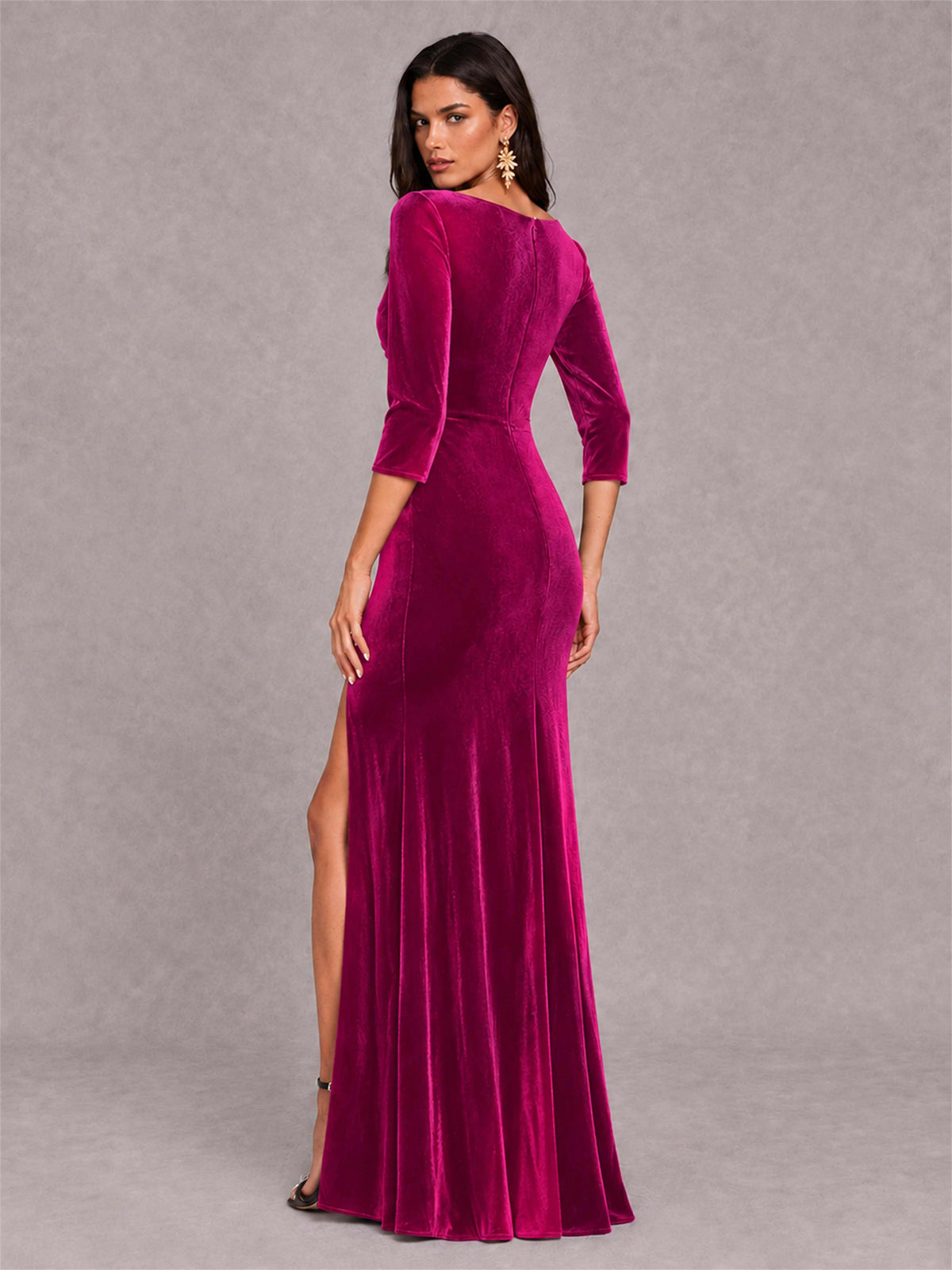 Mermaid V-Neck Three-Quarter Sleeves Velvet Evening Dress with Split Side