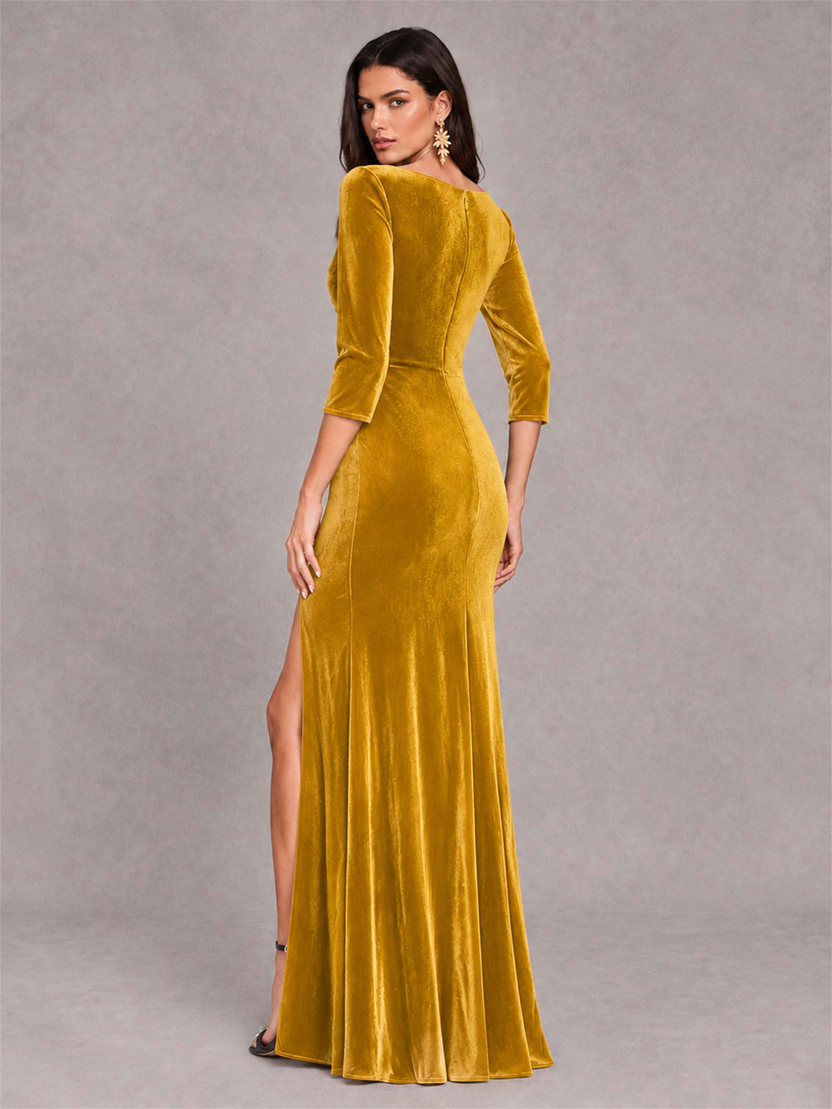Mermaid V-Neck Three-Quarter Sleeves Velvet Evening Dress with Split Side