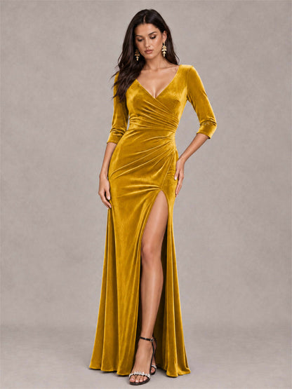 Mermaid V-Neck Three-Quarter Sleeves Velvet Evening Dress with Split Side