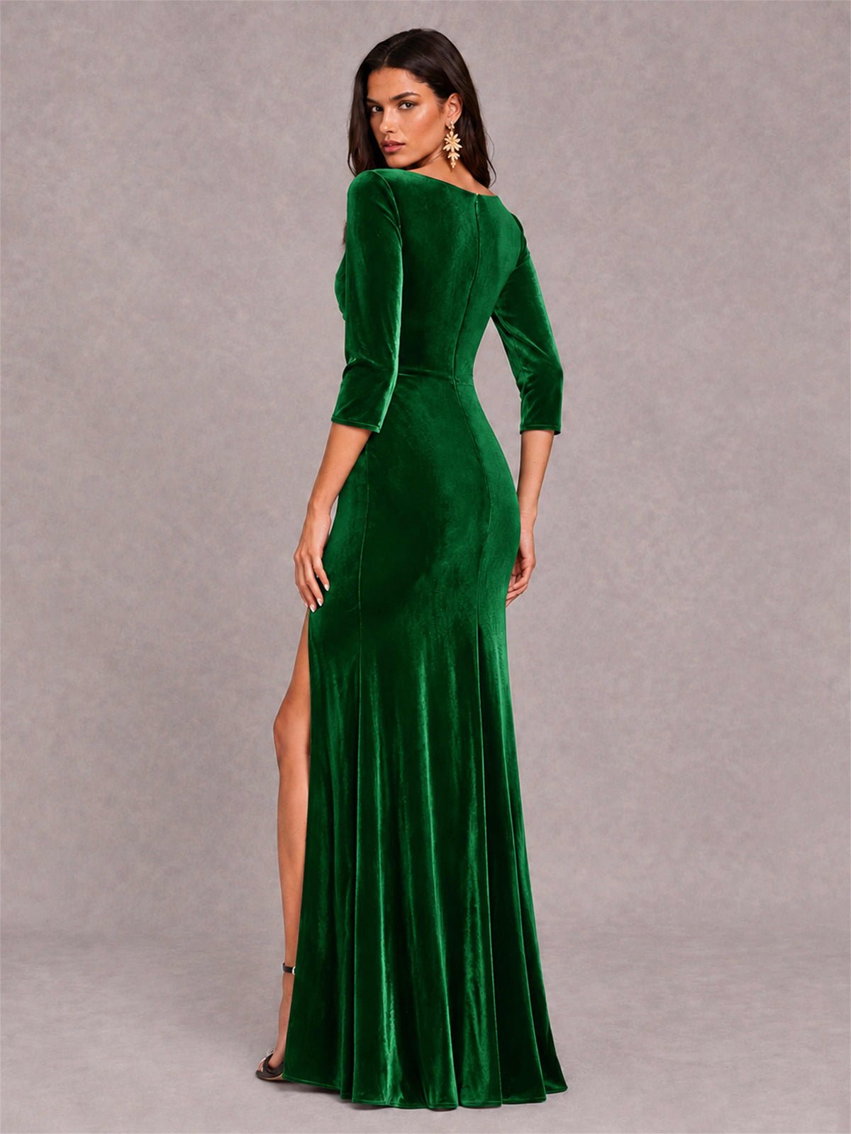 Mermaid V-Neck Three-Quarter Sleeves Velvet Evening Dress with Split Side