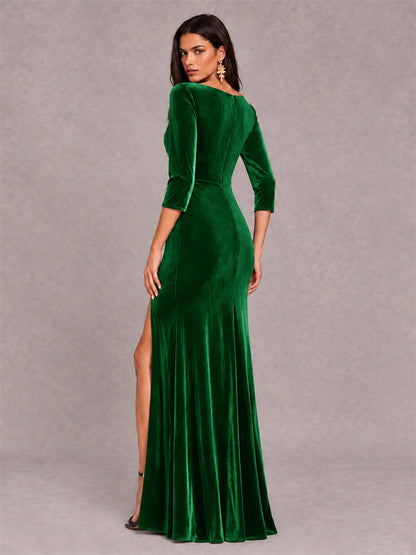 Mermaid V-Neck Three-Quarter Sleeves Velvet Evening Dress with Split Side