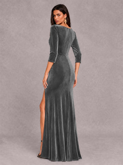 Mermaid V-Neck Three-Quarter Sleeves Velvet Evening Dress with Split Side