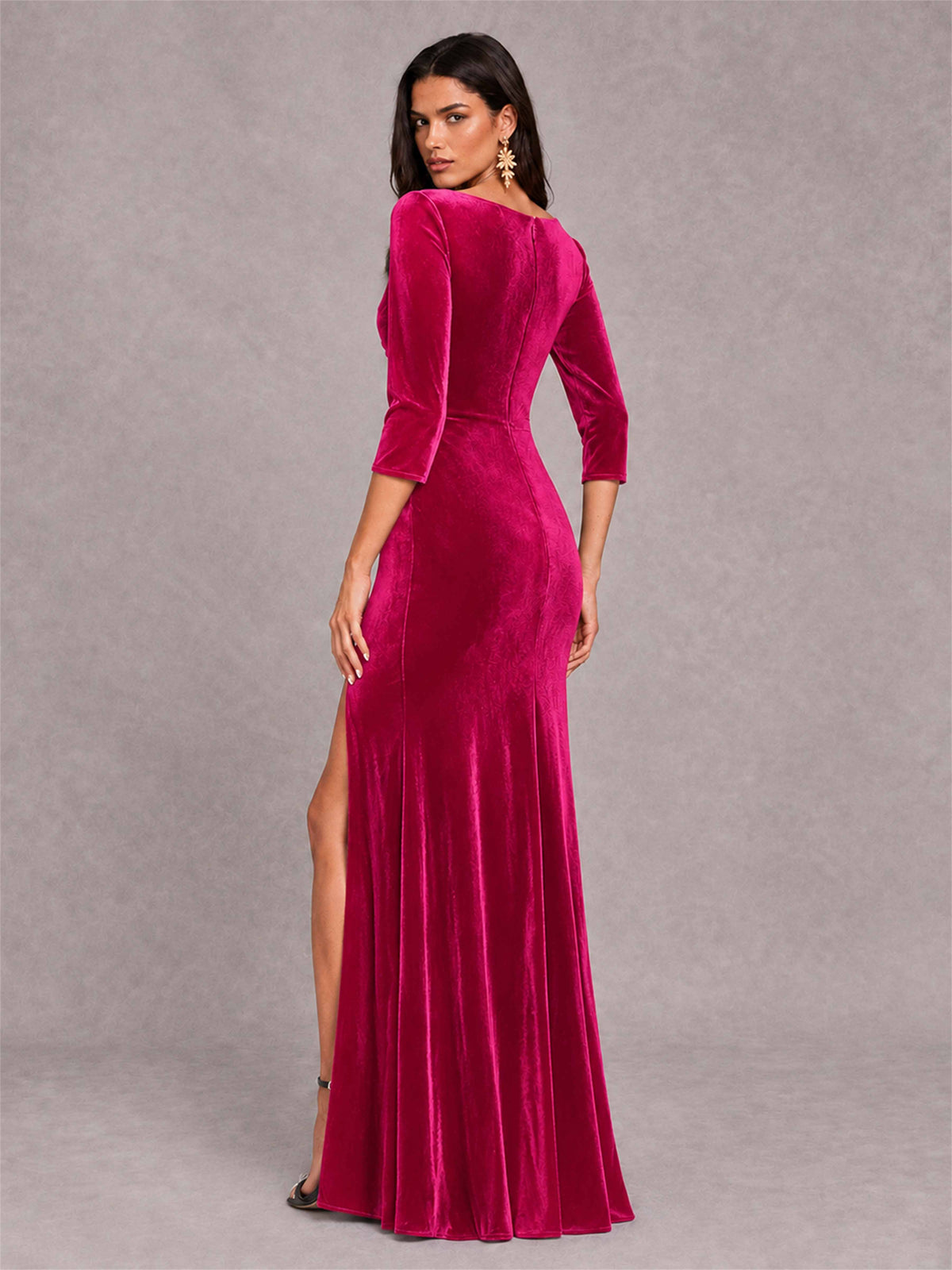 Mermaid V-Neck Three-Quarter Sleeves Velvet Evening Dress with Split Side
