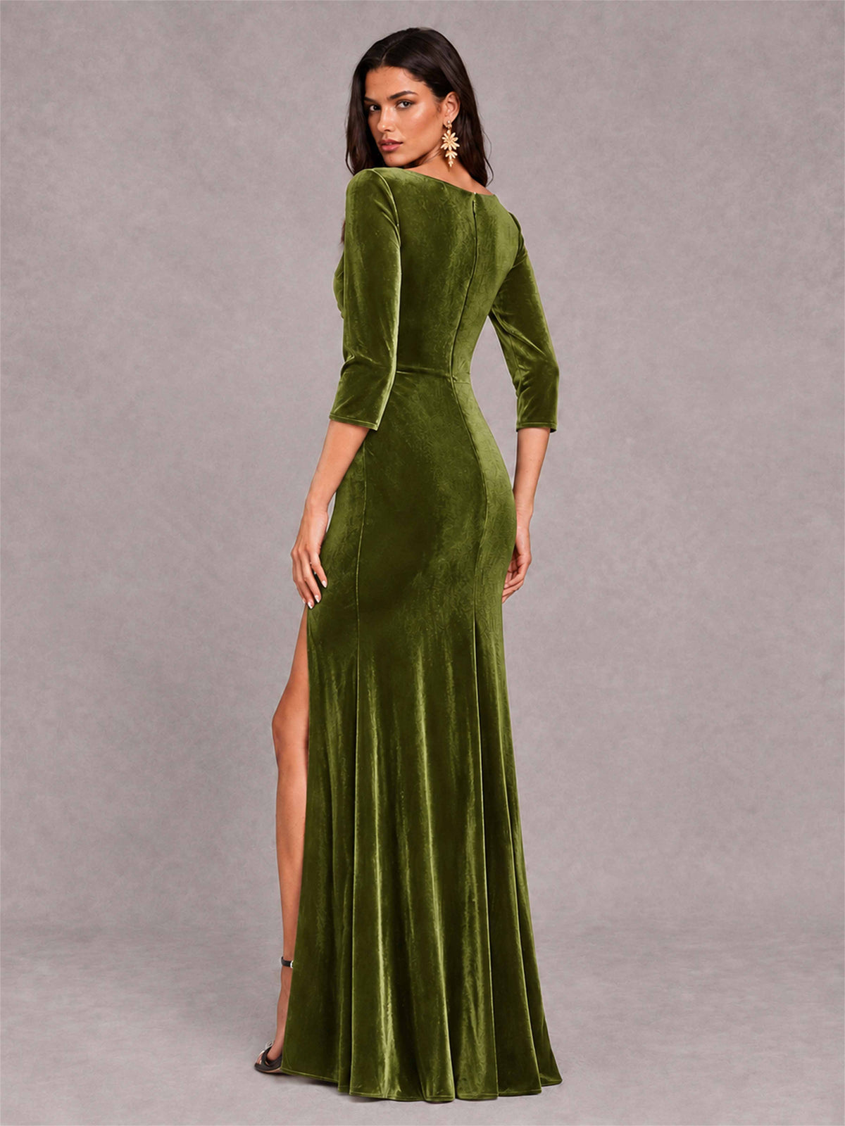 Mermaid V-Neck Three-Quarter Sleeves Velvet Evening Dress with Split Side