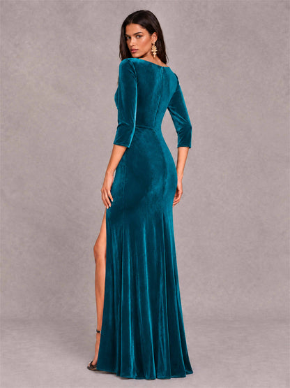 Mermaid V-Neck Three-Quarter Sleeves Velvet Evening Dress with Split Side