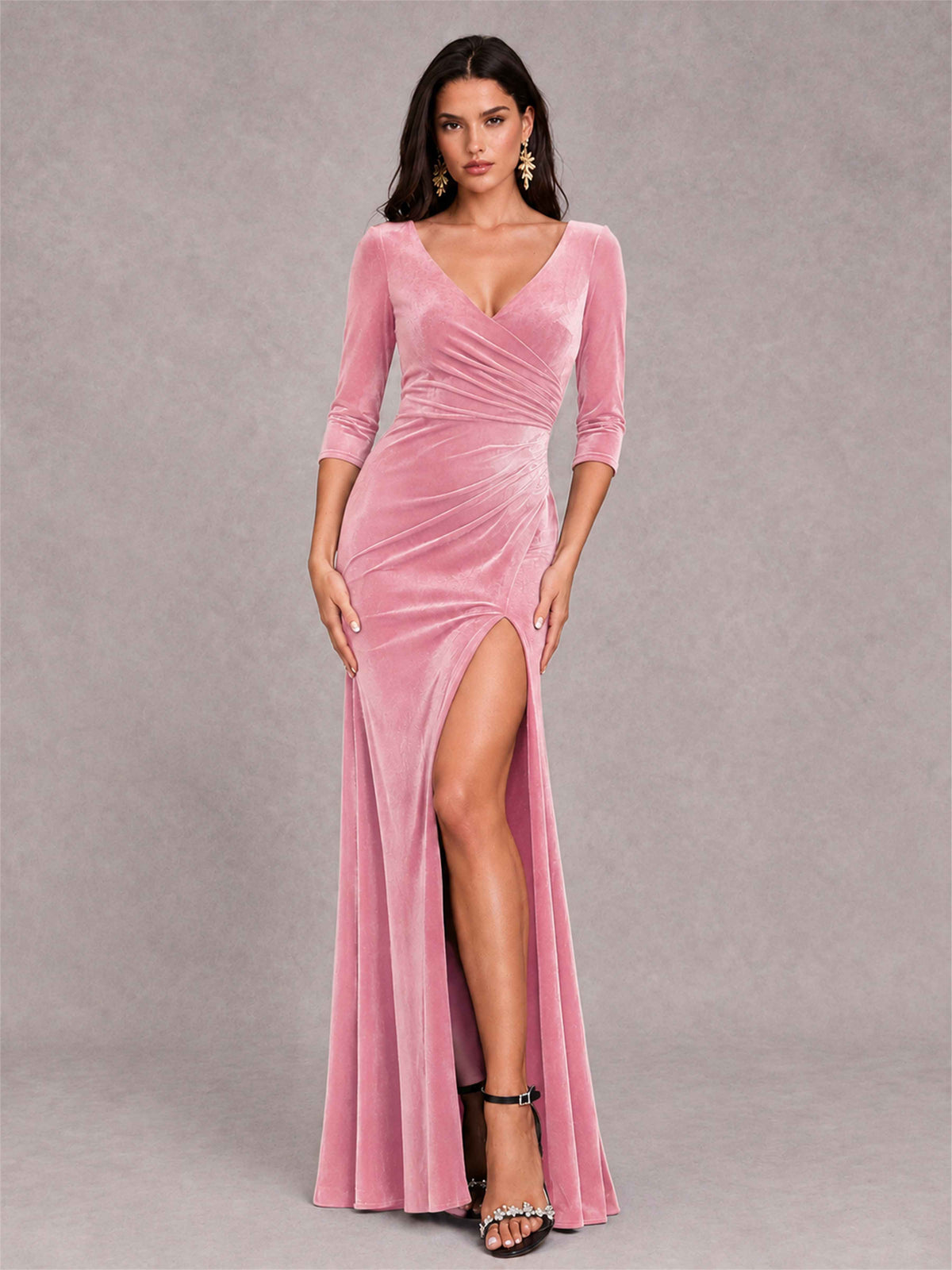 Mermaid V-Neck Three-Quarter Sleeves Velvet Evening Dress with Split Side
