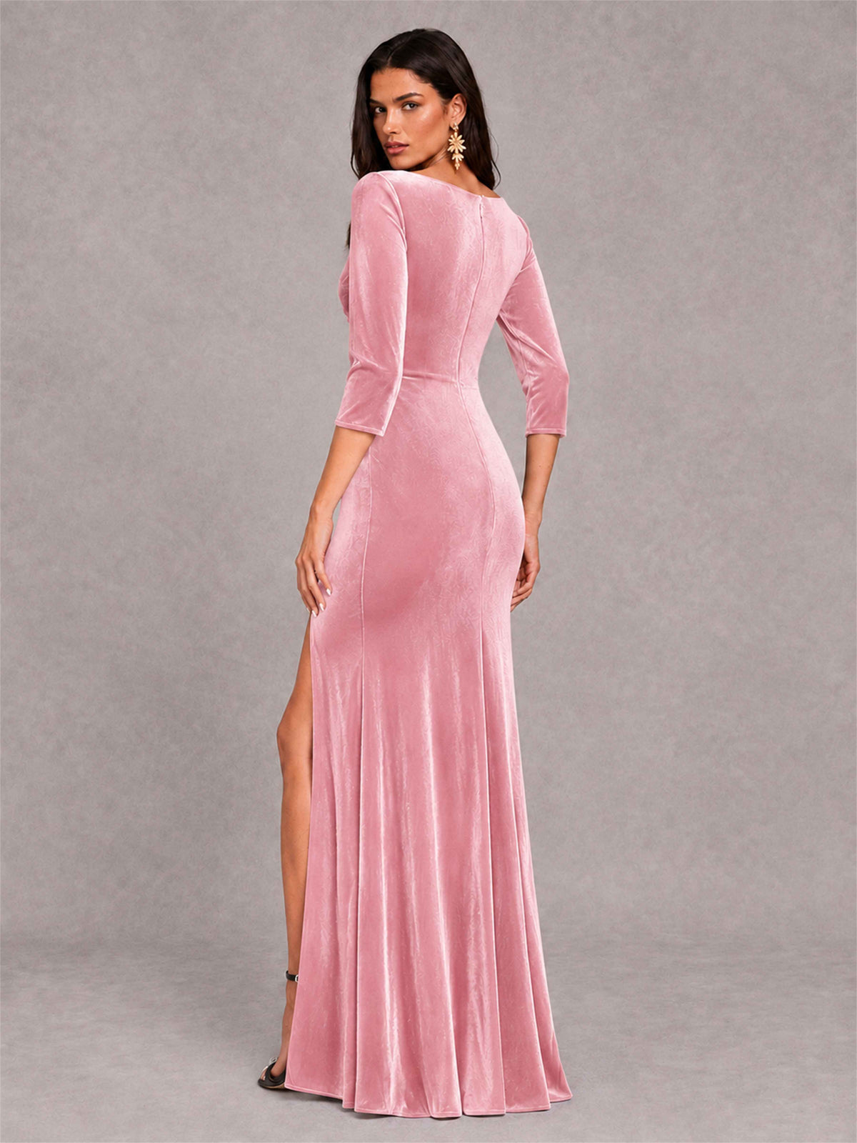 Mermaid V-Neck Three-Quarter Sleeves Velvet Evening Dress with Split Side
