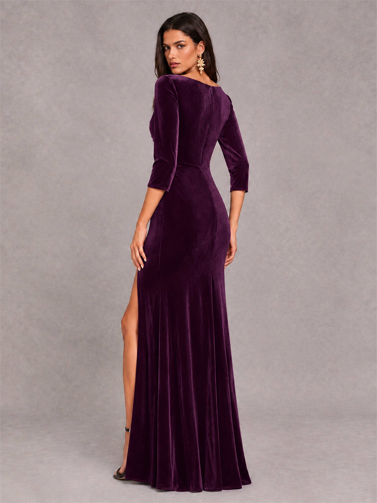 Mermaid V-Neck Three-Quarter Sleeves Velvet Evening Dress with Split Side