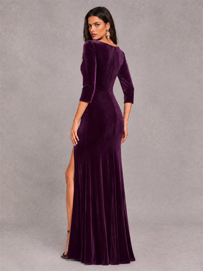 Mermaid V-Neck Three-Quarter Sleeves Velvet Evening Dress with Split Side