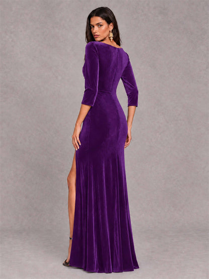 Mermaid V-Neck Three-Quarter Sleeves Velvet Evening Dress with Split Side