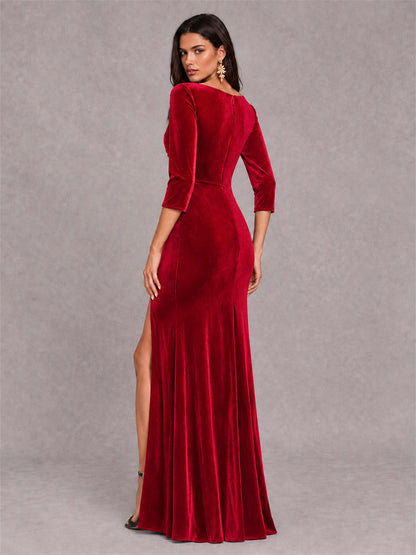 Mermaid V-Neck Three-Quarter Sleeves Velvet Evening Dress with Split Side