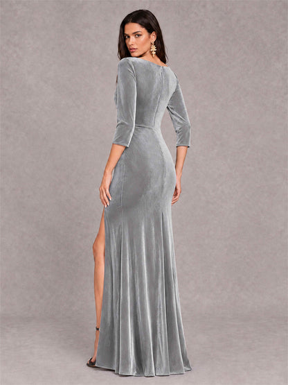 Mermaid V-Neck Three-Quarter Sleeves Velvet Evening Dress with Split Side