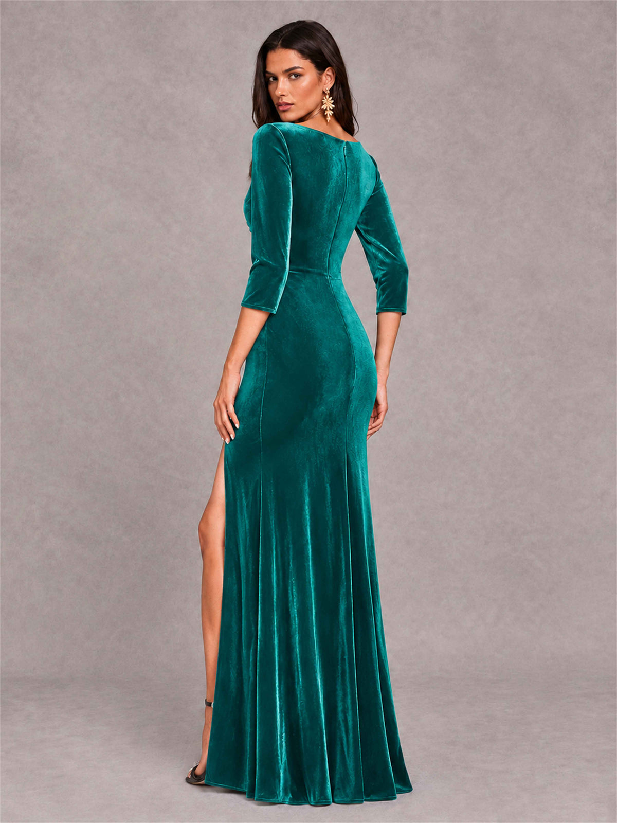 Mermaid V-Neck Three-Quarter Sleeves Velvet Evening Dress with Split Side