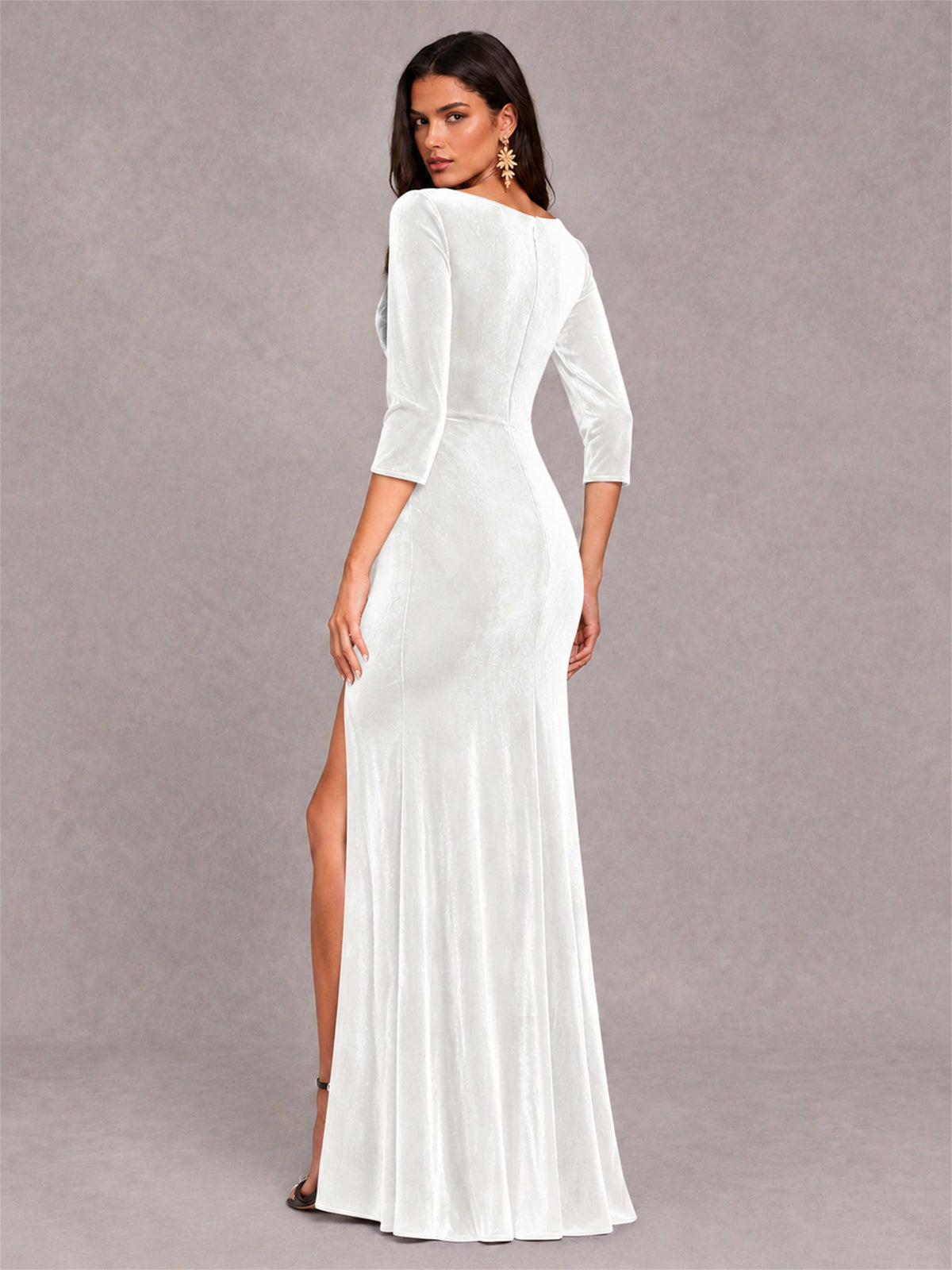 Mermaid V-Neck Three-Quarter Sleeves Velvet Evening Dress with Split Side