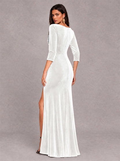 Mermaid V-Neck Three-Quarter Sleeves Velvet Evening Dress with Split Side