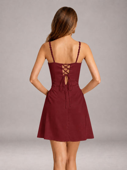 Burgundy Mini Prom Dress Sheath Sleeveless with Pleats & Lace-Up Back