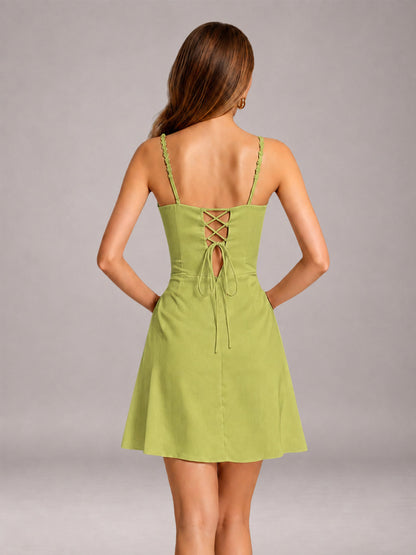 Chartreuse Mini Prom Dress Sheath Sleeveless with Pleats & Lace-Up Back