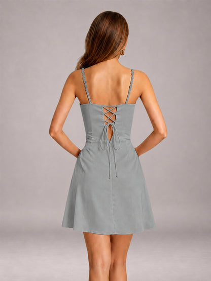 Grey Mini Prom Dress Sheath Sleeveless with Pleats & Lace-Up Back