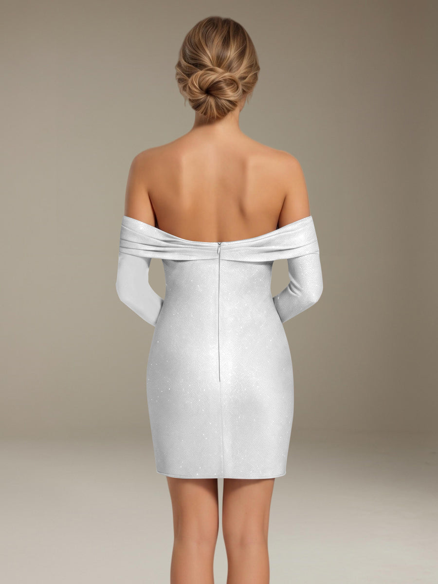 White Free Shipping Mini Length Off-the-Shoulder Sheath Prom Dress with Long Sleeves