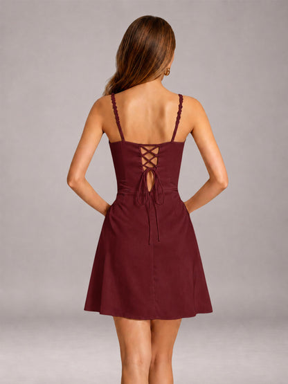 Maroon Mini Prom Dress Sheath Sleeveless with Pleats & Lace-Up Back