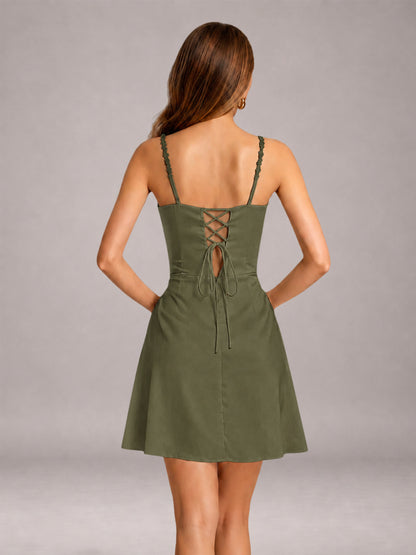 Olive Green Mini Prom Dress Sheath Sleeveless with Pleats & Lace-Up Back