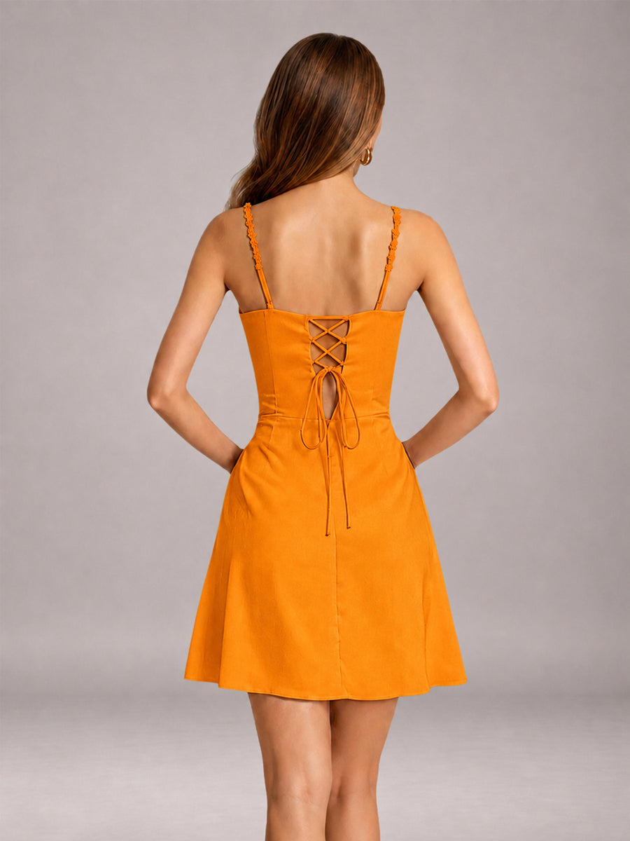 Orange Mini Prom Dress Sheath Sleeveless with Pleats & Lace-Up Back