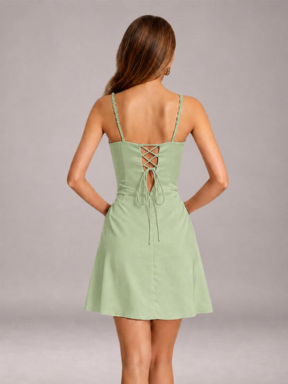 Sage Green Mini Prom Dress Sheath Sleeveless with Pleats & Lace-Up Back