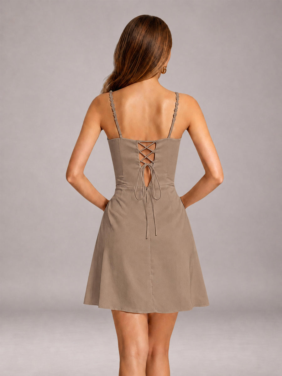 Taupe Mini Prom Dress Sheath Sleeveless with Pleats & Lace-Up Back