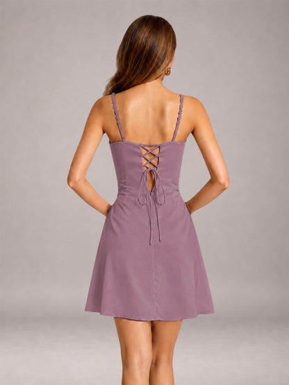 Wisteria Mini Prom Dress Sheath Sleeveless with Pleats & Lace-Up Back