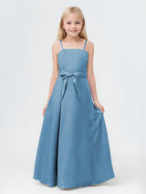 Modern A-Line Sleeveless Spaghetti Straps Satin Long Junior Bridesmaid Dresses