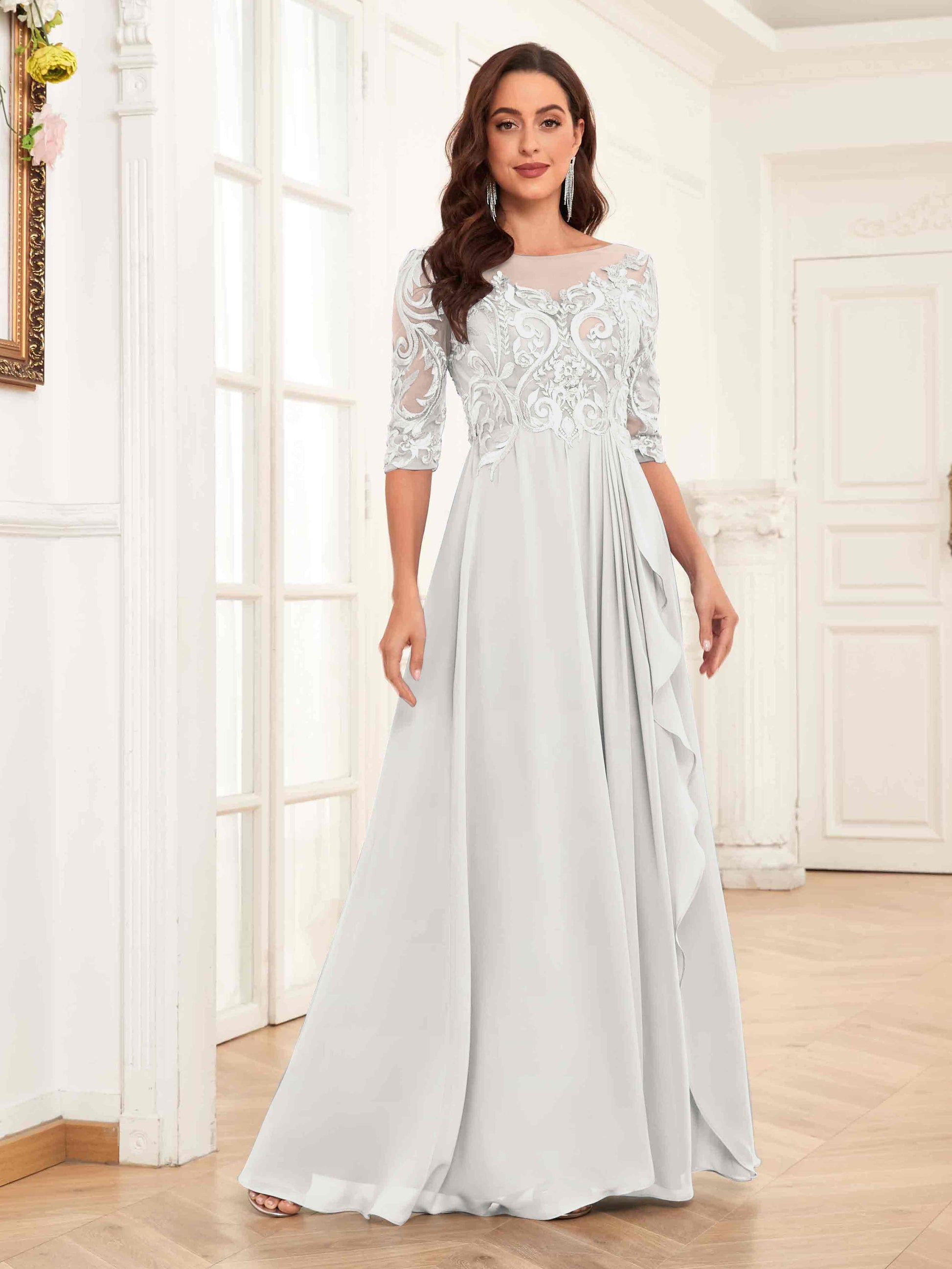 Modern Half Sleeves Appliques Chiffon Lace Mother Of The Bride Dresses mollyevers.com Modern Half Sleeves Appliques Chiffon Lace Mother Of The Bride Dresses mollyevers.com