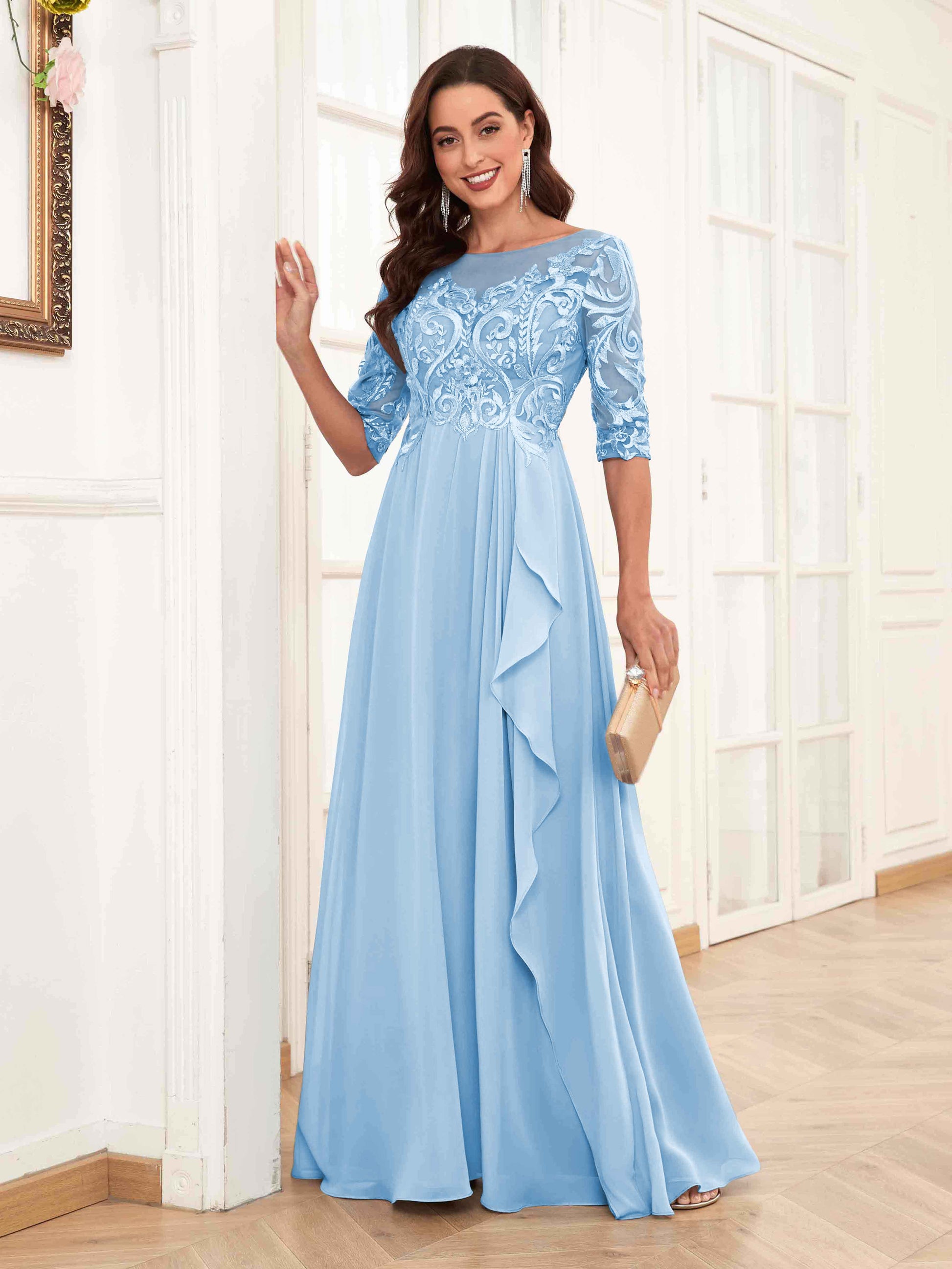 Modern Half Sleeves Appliques Chiffon Lace Mother Of The Bride Dresses mollyevers.com Modern Half Sleeves Appliques Chiffon Lace Mother Of The Bride Dresses mollyevers.com