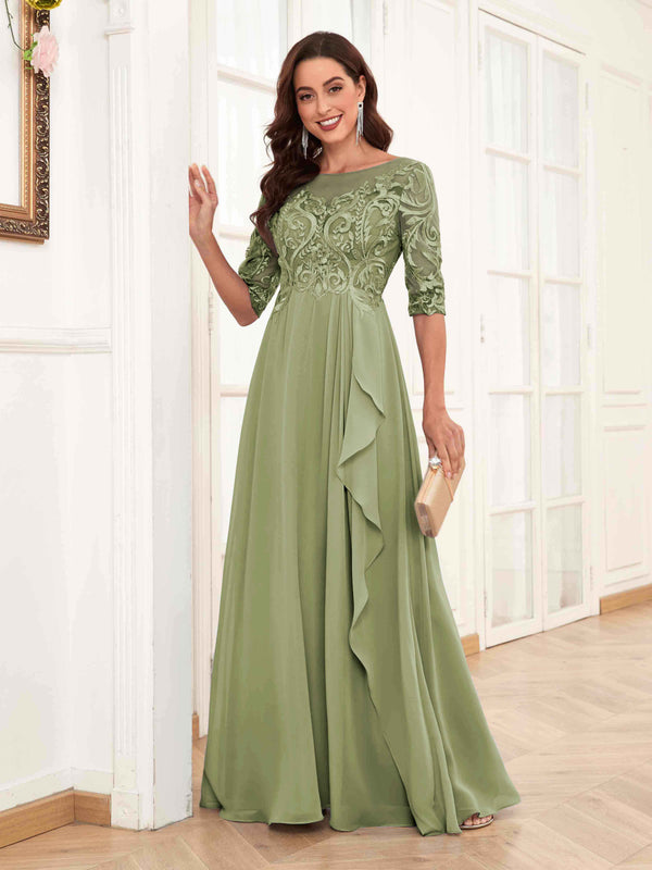 Olive Green Modern Half Sleeves Appliques Chiffon Lace Mother Of The Bride Dresses