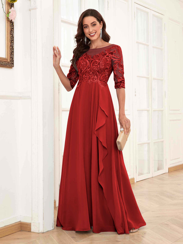 Red Modern Half Sleeves Appliques Chiffon Lace Mother Of The Bride Dresses