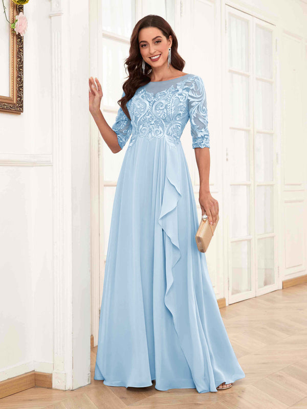 Sky Blue Modern Half Sleeves Appliques Chiffon Lace Mother Of The Bride Dresses