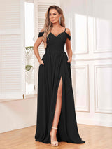 Modern Off The Shoulder Ruched Slit Chiffon Bridesmaid Dresses