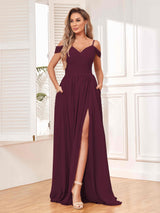 Modern Off The Shoulder Ruched Slit Chiffon Bridesmaid Dresses