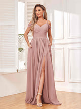 Modern Off The Shoulder Ruched Slit Chiffon Bridesmaid Dresses