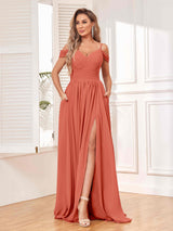Modern Off The Shoulder Ruched Slit Chiffon Bridesmaid Dresses