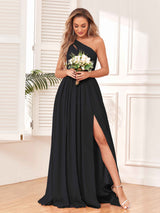 Modern One Shoulder Lace-Up Back Slit Chiffon Bridesmaid Dresses