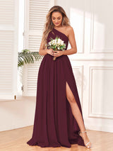 Modern One Shoulder Lace-Up Back Slit Chiffon Bridesmaid Dresses