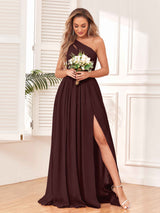 Modern One Shoulder Lace-Up Back Slit Chiffon Bridesmaid Dresses